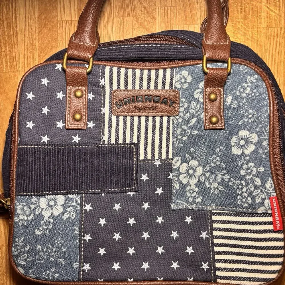 Union Bay Patchwork Corduroy & Faux Leather Satchel Handbag – Blue/Brown